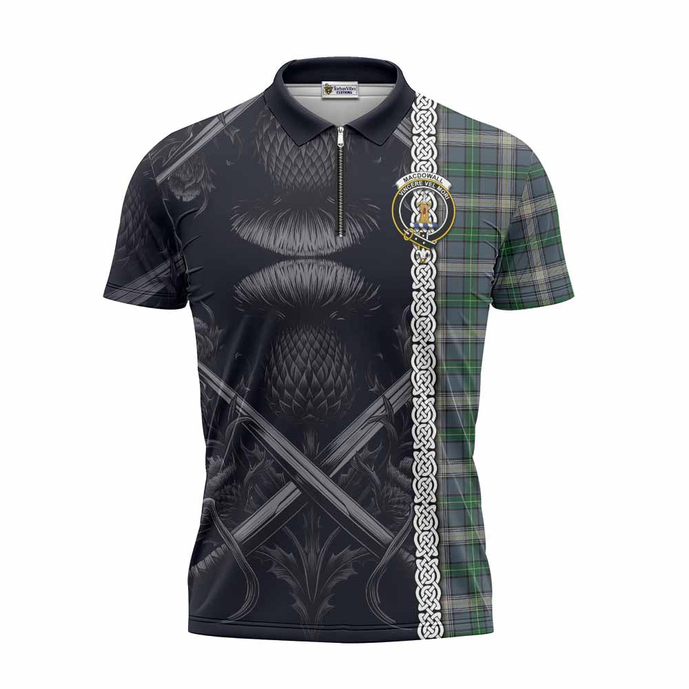 MacDowall (McDowall) Tartan Zipper Polo Shirt with Family Crest Cross Sword Thistle Celtic Vibes Unisex - Tartan Vibes Clothing
