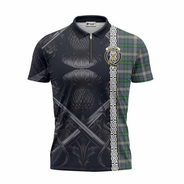 MacDowall (McDowall) Tartan Zipper Polo Shirt with Family Crest Cross Sword Thistle Celtic Vibes Unisex - Tartan Vibes Clothing