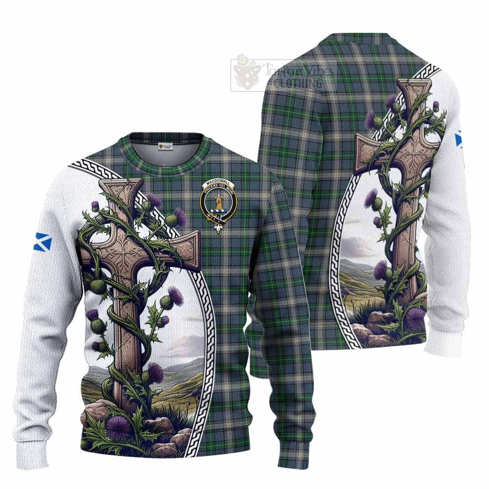 MacDowall (McDowall) Tartan Knitted Sweater with Family Crest and St. Andrew's Cross Accented by Thistle Vines Unisex - Tartan Vibes Clothing