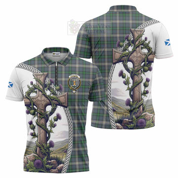 MacDowall (McDowall) Tartan Zipper Polo Shirt with Family Crest and St. Andrew's Cross Accented by Thistle Vines Unisex - Tartan Vibes Clothing