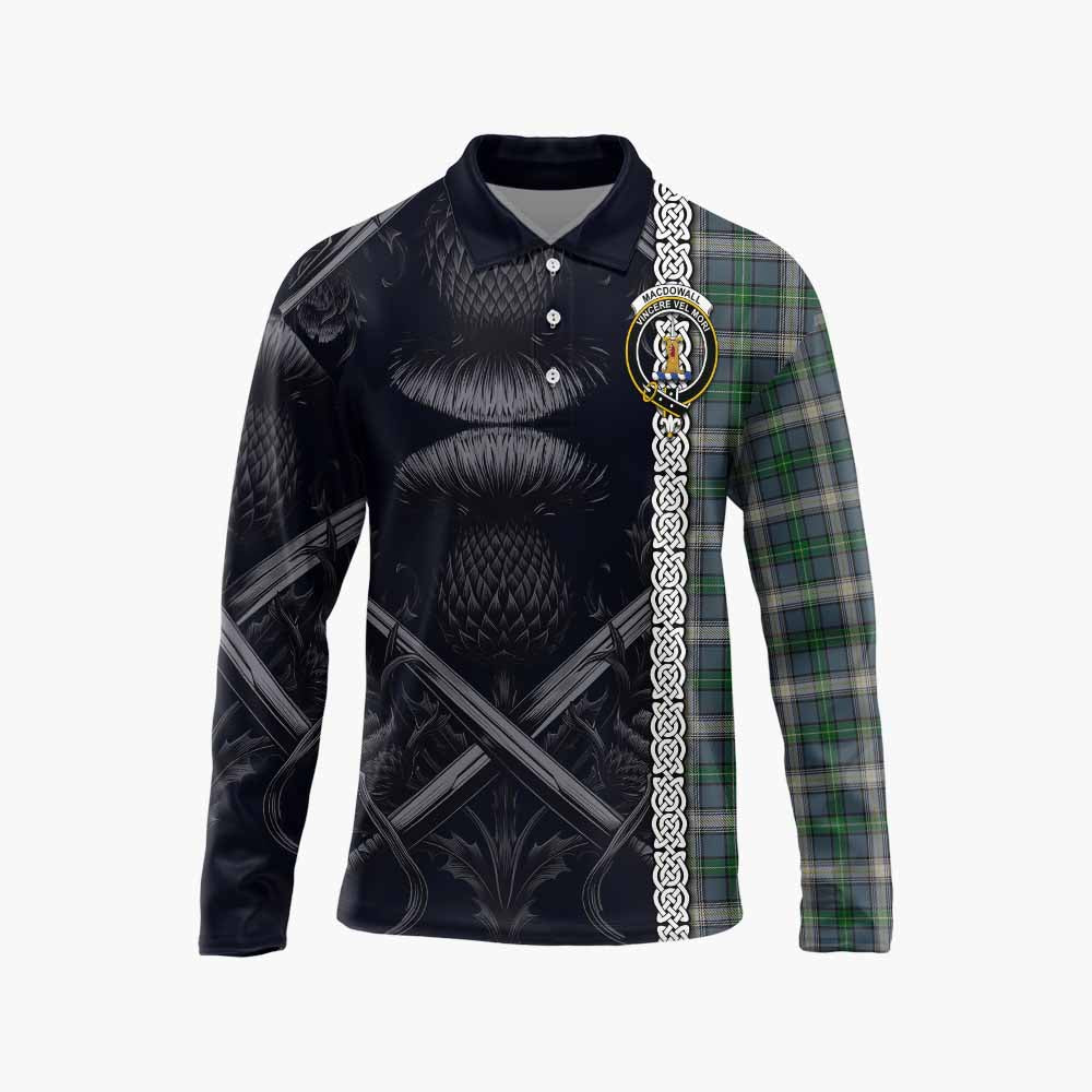 MacDowall (McDowall) Tartan Long Sleeve Polo Shirt with Family Crest Cross Sword Thistle Celtic Vibes Unisex - Tartan Vibes Clothing