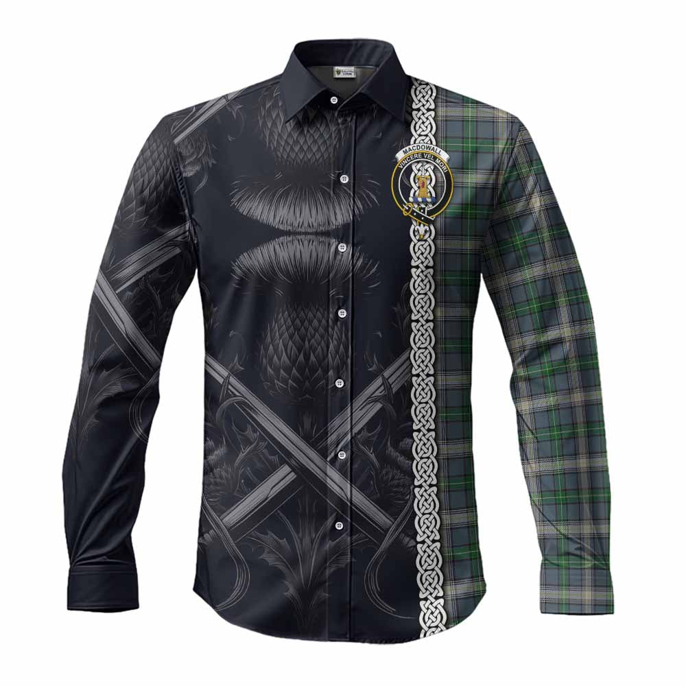 Tartan Vibes Clothing MacDowall (McDowall) Tartan Long Sleeve Button Shirt with Family Crest Cross Sword Thistle Celtic Vibes