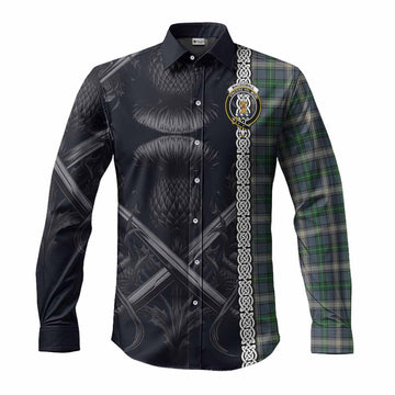 Tartan Vibes Clothing MacDowall (McDowall) Tartan Long Sleeve Button Shirt with Family Crest Cross Sword Thistle Celtic Vibes