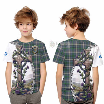 MacDowall (McDowall) Tartan Kid T-Shirt with Family Crest and St. Andrew's Cross Accented by Thistle Vines Youth XL Size14 - Tartan Vibes Clothing
