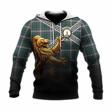Tartan Vibes Clothing MacDowall (McDowall) Crest Tartan Knitted Hoodie with Golden Lion Emblem Celtic Style