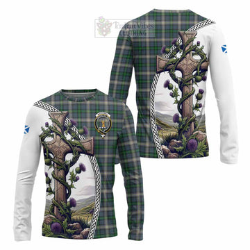 MacDowall (McDowall) Tartan Long Sleeve T-Shirt with Family Crest and St. Andrew's Cross Accented by Thistle Vines Unisex - Tartan Vibes Clothing