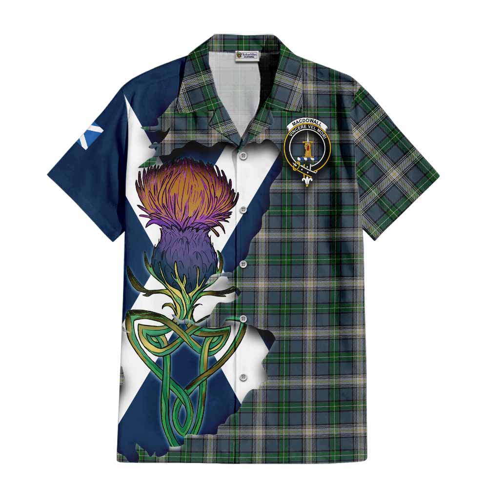 Tartan Vibes Clothing MacDowall (McDowall) Tartan Family Crest Short Sleeve Button Shirt Scottish Thistle Celtic Inspired