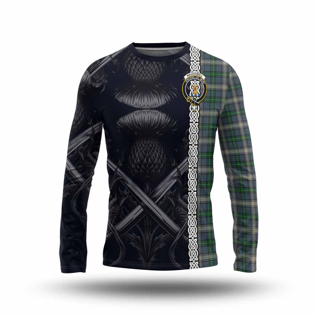 MacDowall (McDowall) Tartan Long Sleeve T-Shirt with Family Crest Cross Sword Thistle Celtic Vibes Unisex - Tartan Vibes Clothing