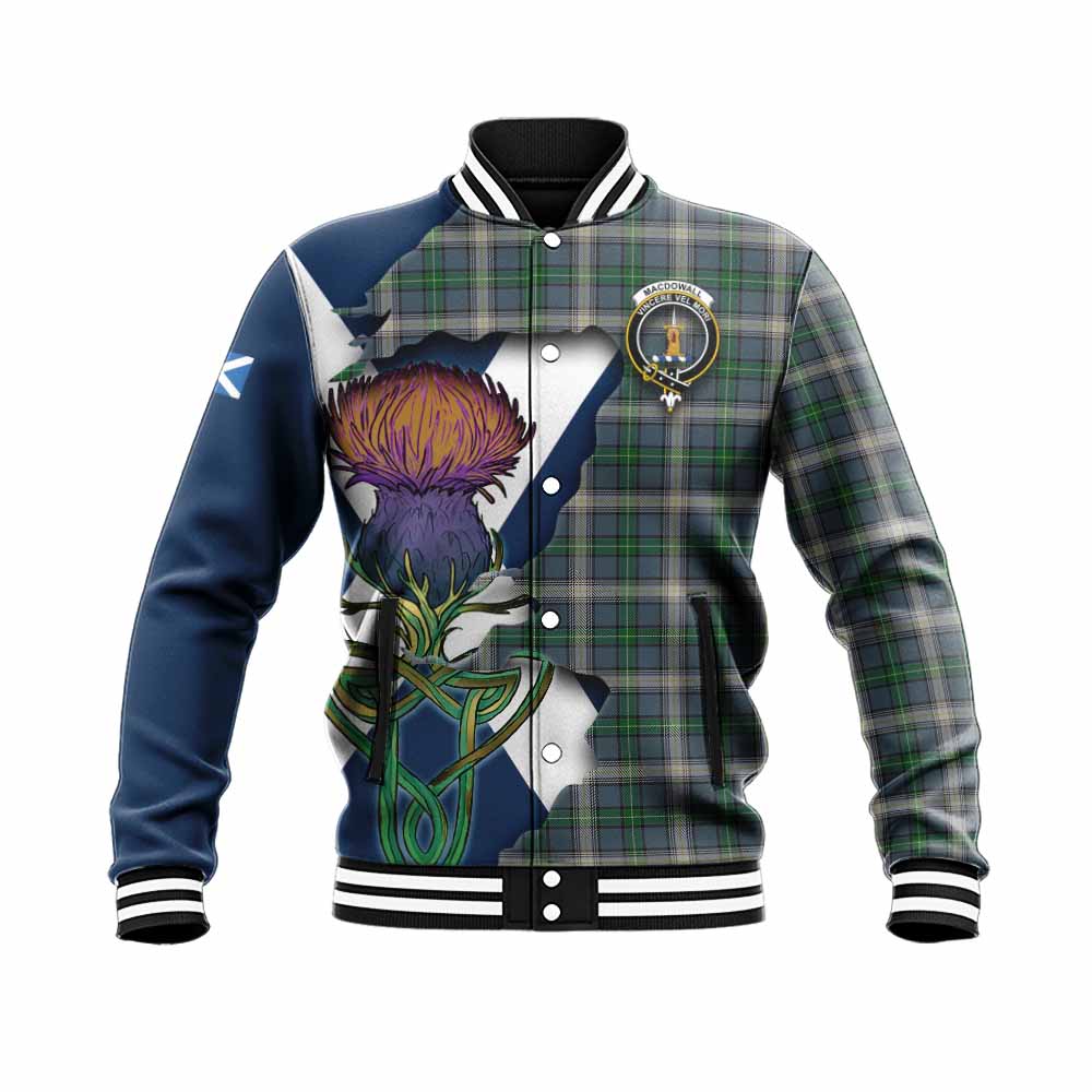 Tartan Vibes Clothing MacDowall (McDowall) Tartan Family Crest Baseball Jacket Scottish Thistle Celtic Inspired