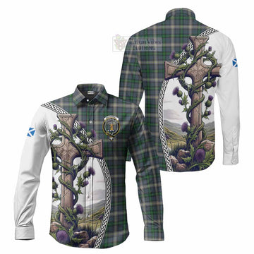 MacDowall (McDowall) Tartan Long Sleeve Button Shirt with Family Crest and St. Andrew's Cross Accented by Thistle Vines Men's Shirt S - Tartan Vibes Clothing