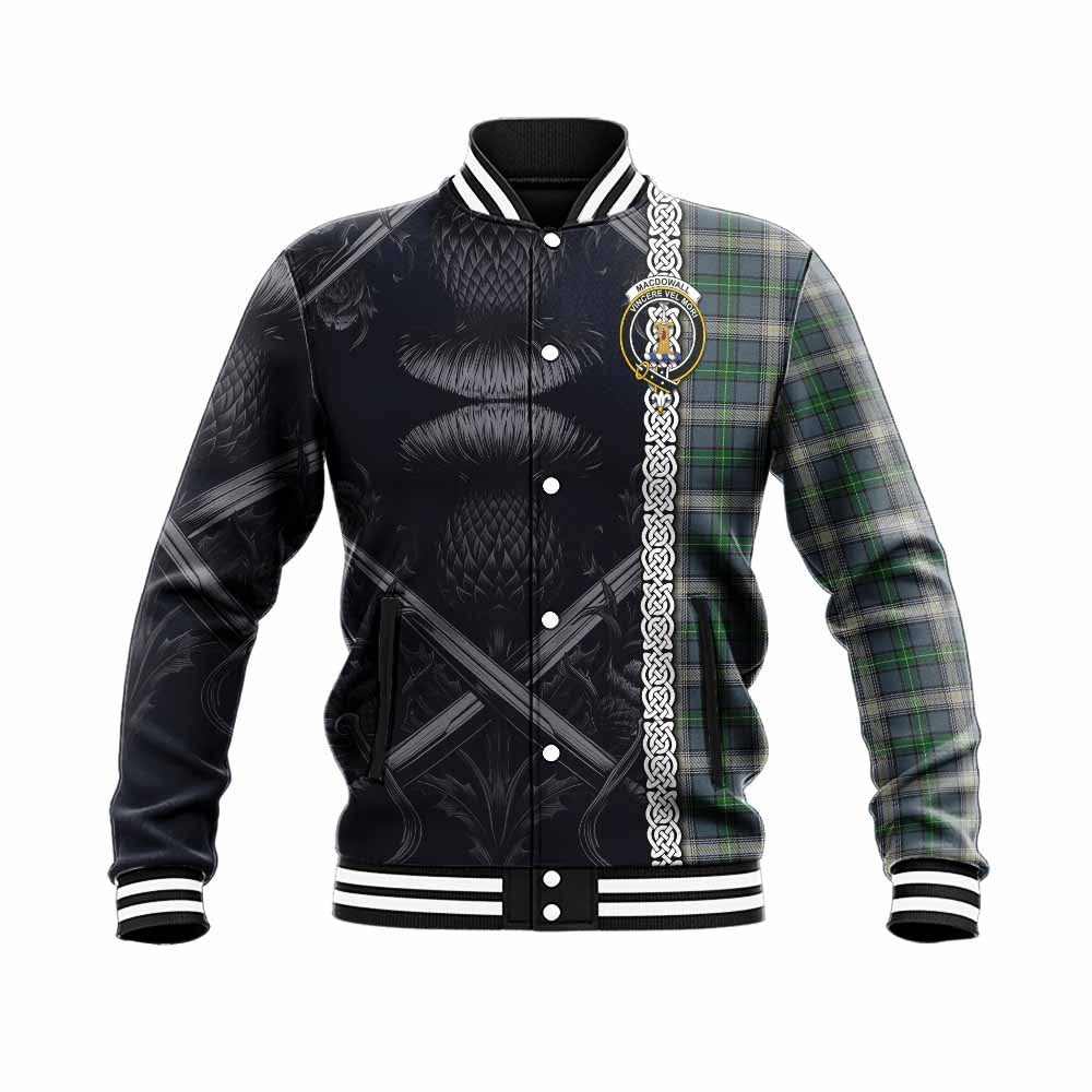 MacDowall (McDowall) Tartan Baseball Jacket with Family Crest Cross Sword Thistle Celtic Vibes Unisex - Tartan Vibes Clothing