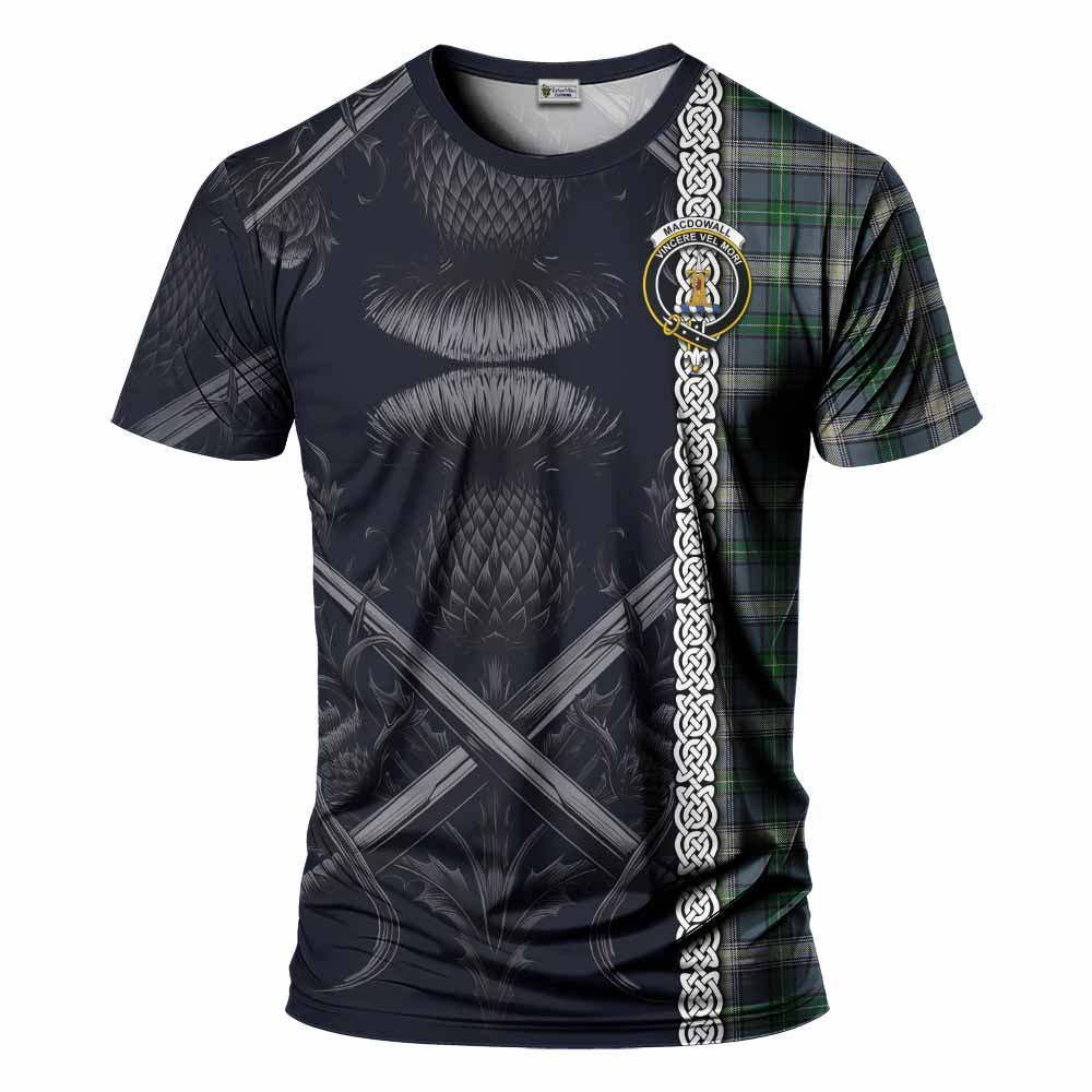 Tartan Vibes Clothing MacDowall (McDowall) Tartan T-Shirt with Family Crest Cross Sword Thistle Celtic Vibes