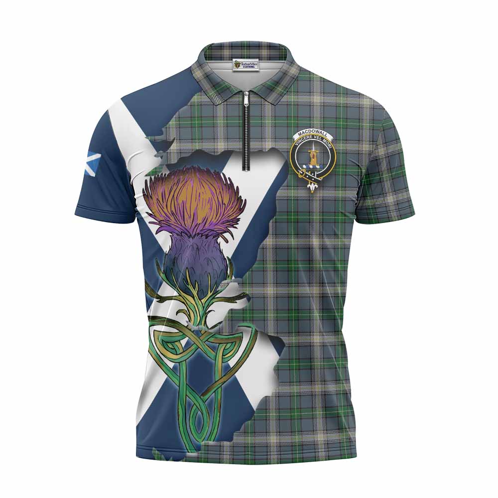 Tartan Vibes Clothing MacDowall (McDowall) Tartan Family Crest Zipper Polo Shirt Scottish Thistle Celtic Inspired