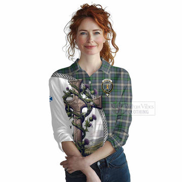 MacDowall (McDowall) Tartan Women's Casual Shirt with Family Crest and St. Andrew's Cross Accented by Thistle Vines Female - Tartan Vibes Clothing