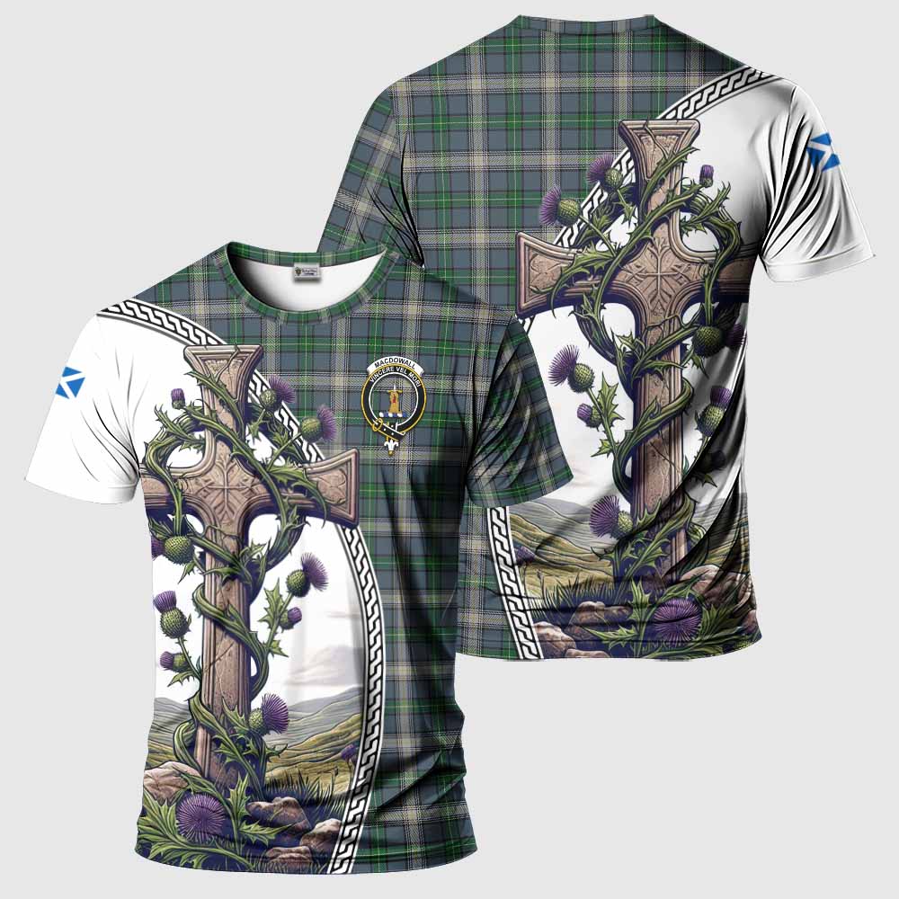 Tartan Vibes Clothing MacDowall (McDowall) Agnew Tartan T-Shirt with Family Crest and St. Andrew's Cross Accented by Thistle Vines