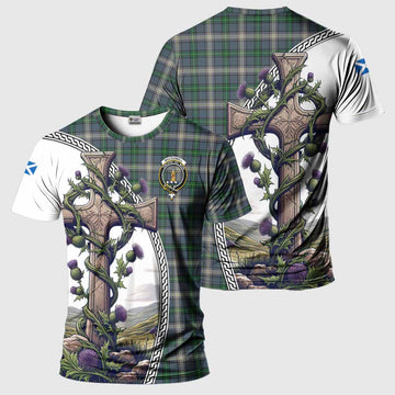 MacDowall (McDowall) Tartan T-Shirt with Family Crest and St. Andrew's Cross Accented by Thistle Vines