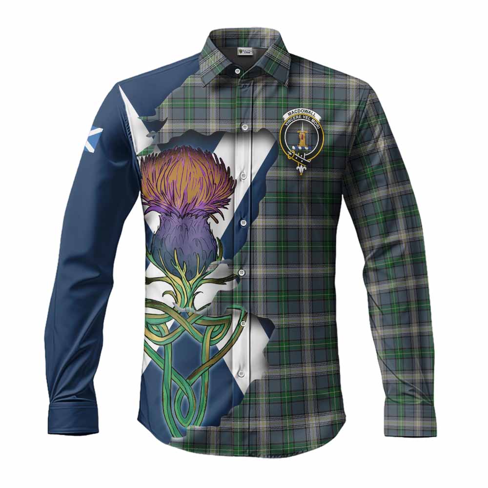 Tartan Vibes Clothing MacDowall (McDowall) Tartan Family Crest Long Sleeve Button Shirt Scottish Thistle Celtic Inspired