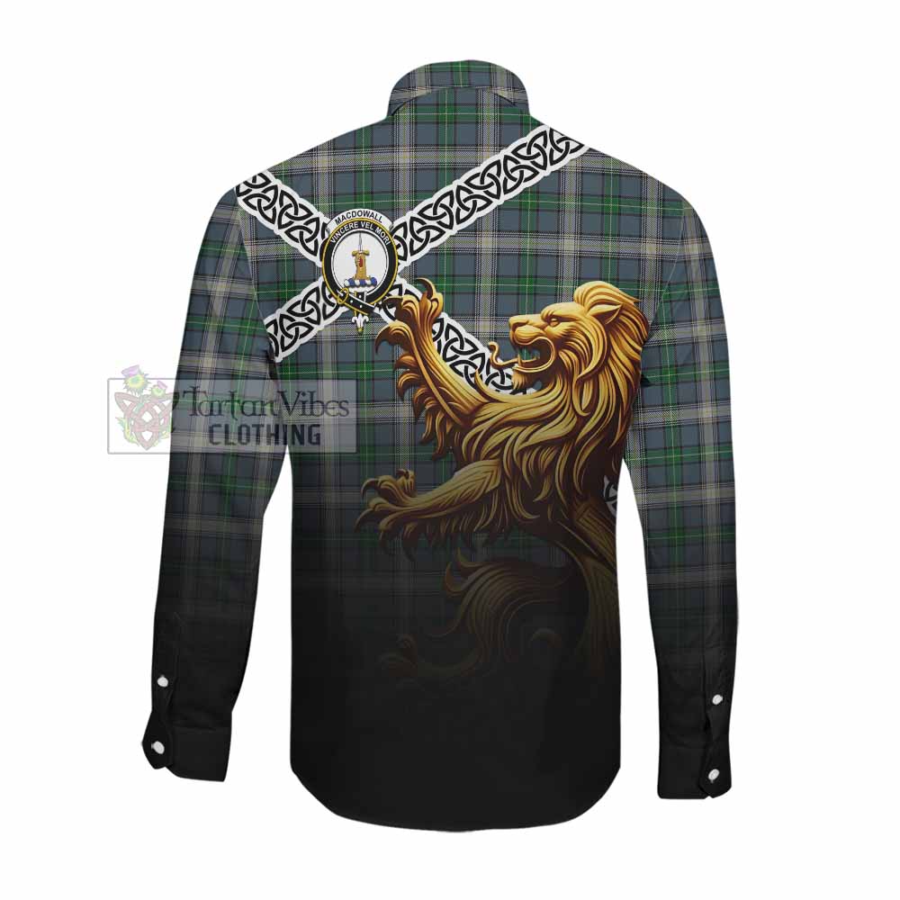 MacDowall (McDowall) Crest Tartan Long Sleeve Button Shirt with Golden Lion Emblem Celtic Style Men's Shirt - Tartan Vibes Clothing