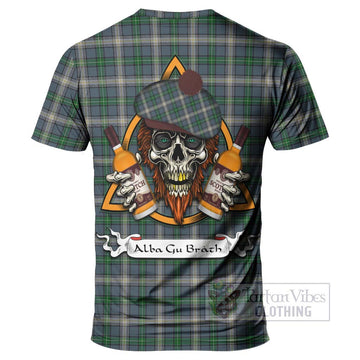 MacDowall (McDowall) Tartan T-Shirt with Family Crest and Bearded Skull Holding Bottles of Whiskey