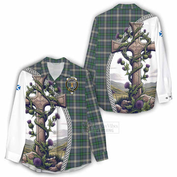 MacDowall (McDowall) Tartan Women's Casual Shirt with Family Crest and St. Andrew's Cross Accented by Thistle Vines - Tartan Vibes Clothing