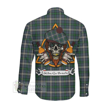 MacDowall (McDowall) Tartan Long Sleeve Button Shirt with Family Crest and Bearded Skull Holding Bottles of Whiskey Men's Shirt - Tartan Vibes Clothing