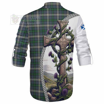 MacDowall (McDowall) Tartan Ghillie Kilt Shirt with Family Crest and St. Andrew's Cross Accented by Thistle Vines - Tartan Vibes Clothing