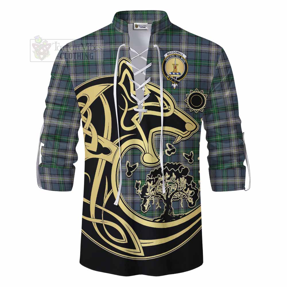 MacDowall (McDowall) Tartan Ghillie Kilt Shirt with Family Crest Celtic Wolf Style - Tartan Vibes Clothing