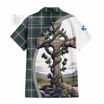 MacDowall (McDowall) Tartan Hawaiian Shirt with Family Crest and St. Andrew's Cross Accented by Thistle Vines - Tartan Vibes Clothing