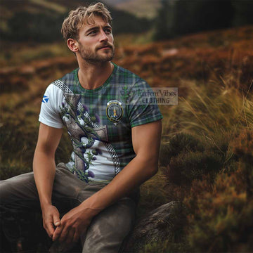 MacDowall (McDowall) Tartan T-Shirt with Family Crest and St. Andrew's Cross Accented by Thistle Vines