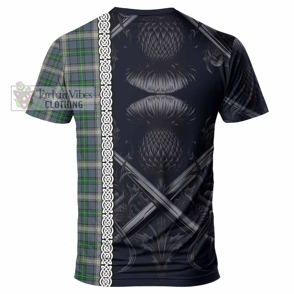 Tartan Vibes Clothing MacDowall (McDowall) Tartan T-Shirt with Family Crest Cross Sword Thistle Celtic Vibes