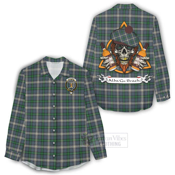 MacDowall (McDowall) Tartan Women's Casual Shirt with Family Crest and Bearded Skull Holding Bottles of Whiskey - Tartan Vibes Clothing