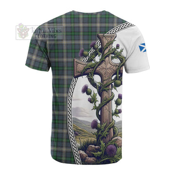 MacDowall (McDowall) Tartan Cotton T-shirt with Family Crest and St. Andrew's Cross Accented by Thistle Vines - Tartan Vibes Clothing