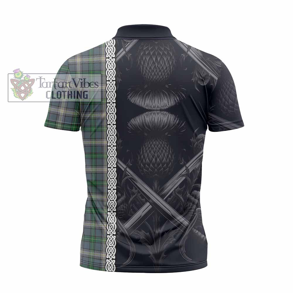 MacDowall (McDowall) Tartan Zipper Polo Shirt with Family Crest Cross Sword Thistle Celtic Vibes - Tartan Vibes Clothing