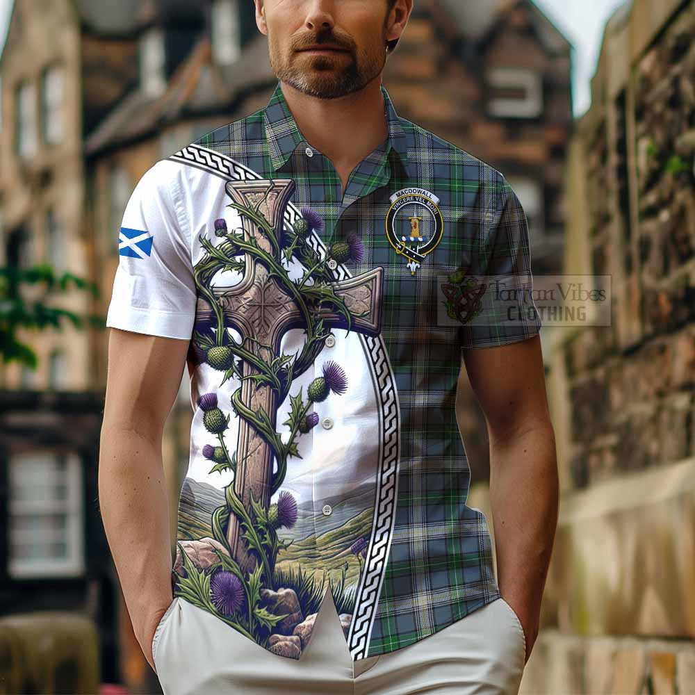 MacDowall (McDowall) Tartan Hawaiian Shirt with Family Crest and St. Andrew's Cross Accented by Thistle Vines - Tartan Vibes Clothing
