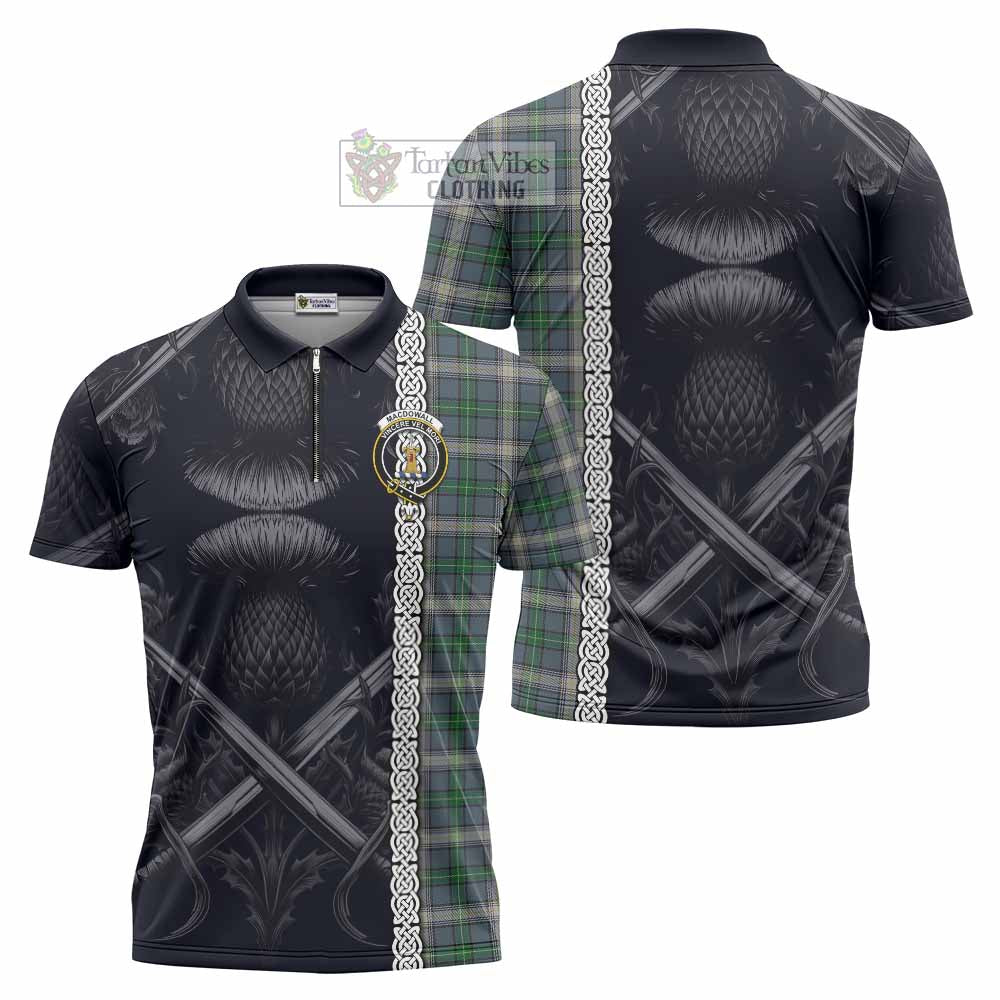 MacDowall (McDowall) Tartan Zipper Polo Shirt with Family Crest Cross Sword Thistle Celtic Vibes - Tartan Vibes Clothing