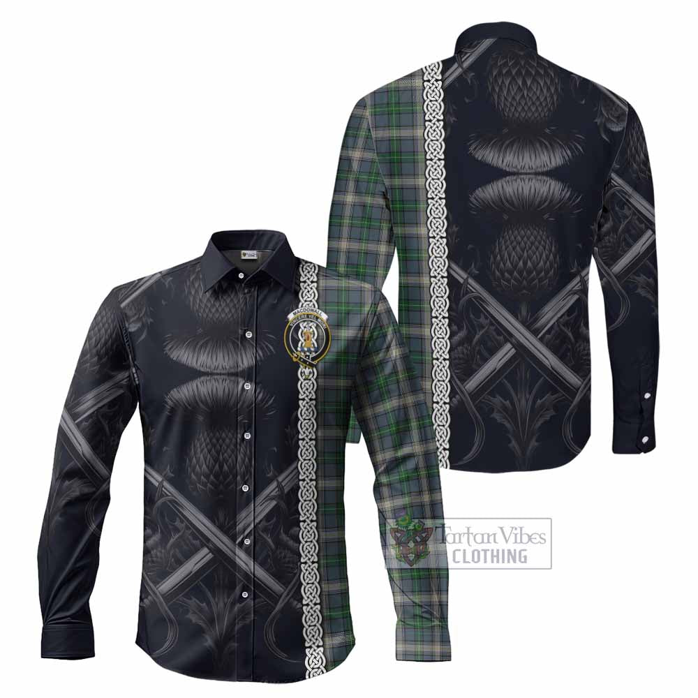 Tartan Vibes Clothing MacDowall (McDowall) Tartan Long Sleeve Button Shirt with Family Crest Cross Sword Thistle Celtic Vibes