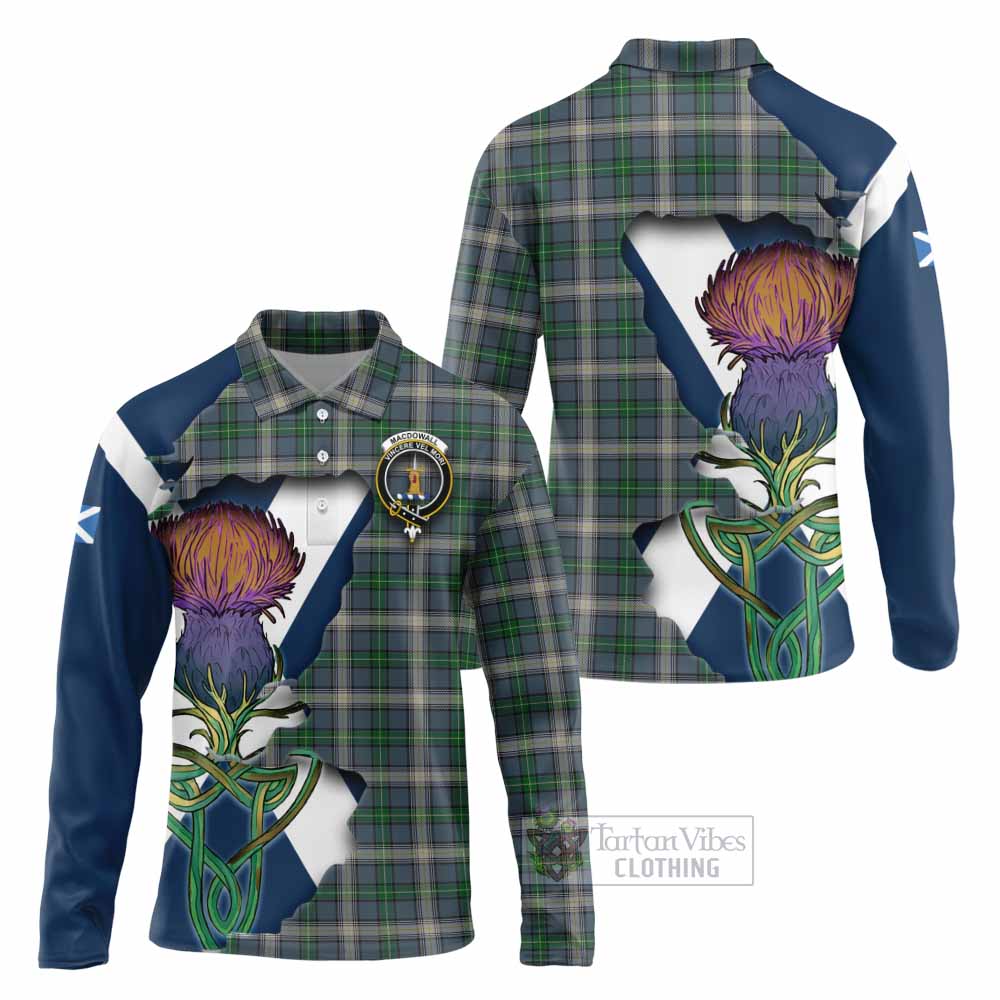 Tartan Vibes Clothing MacDowall (McDowall) Tartan Family Crest Long Sleeve Polo Shirt Scottish Thistle Celtic Inspired