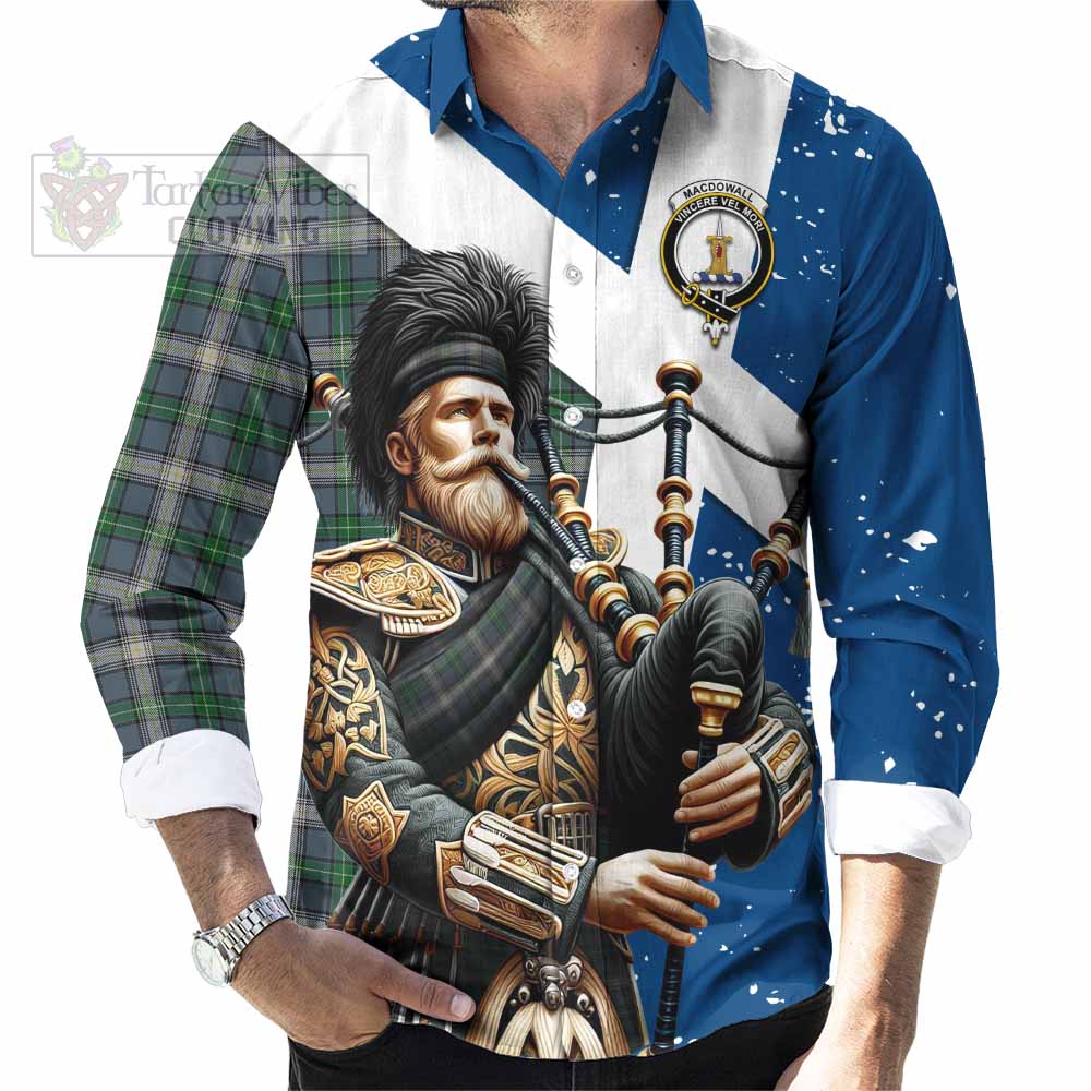 MacDowall (McDowall) Tartan Long Sleeve Button Shirt with Family Crest Scottish Bagpiper Vibes - Tartan Vibes Clothing