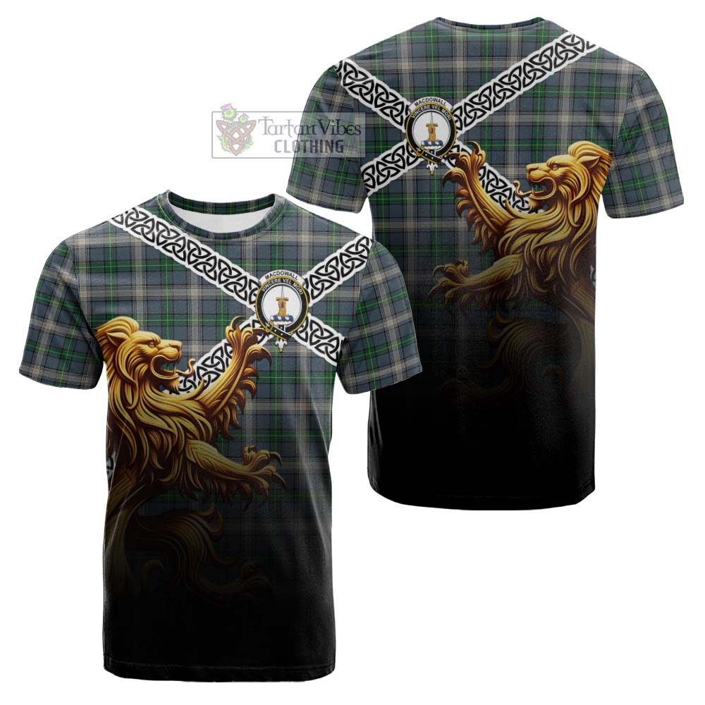 MacDowall (McDowall) Crest Tartan Cotton T-shirt with Golden Lion Emblem Celtic Style - Tartan Vibes Clothing