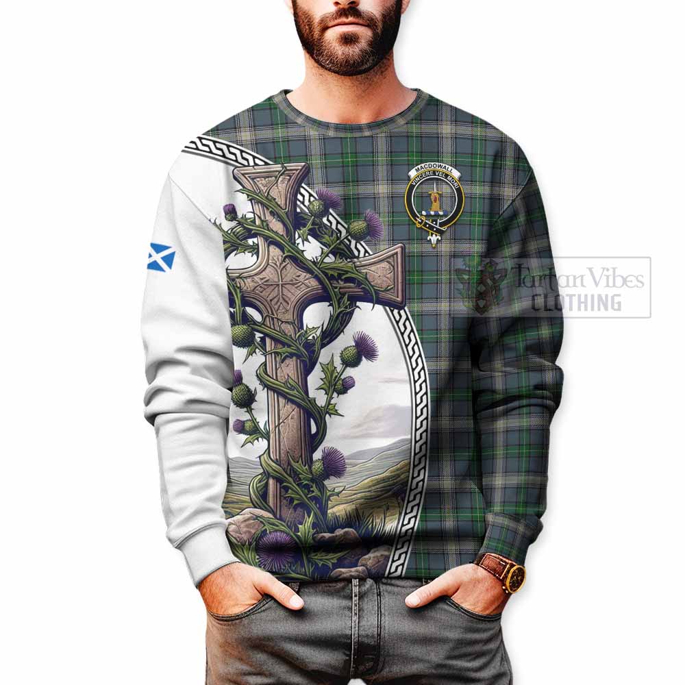 MacDowall (McDowall) Tartan Sweatshirt with Family Crest and St. Andrew's Cross Accented by Thistle Vines - Tartan Vibes Clothing