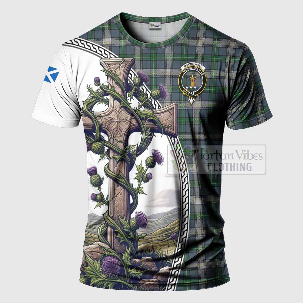 Tartan Vibes Clothing MacDowall (McDowall) Agnew Tartan T-Shirt with Family Crest and St. Andrew's Cross Accented by Thistle Vines