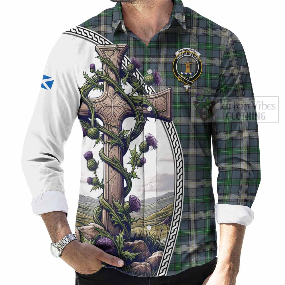 MacDowall (McDowall) Tartan Long Sleeve Button Shirt with Family Crest and St. Andrew's Cross Accented by Thistle Vines - Tartan Vibes Clothing