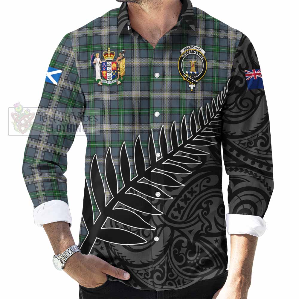 MacDowall (McDowall) Crest Tartan Long Sleeve Button Shirt with New Zealand Silver Fern Half Style - Tartan Vibes Clothing