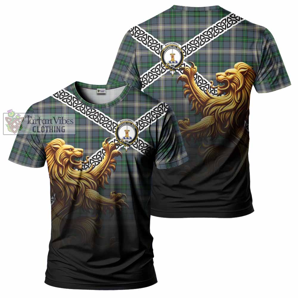 Tartan Vibes Clothing MacDowall (McDowall) Crest Tartan T-Shirt with Golden Lion Emblem Celtic Style