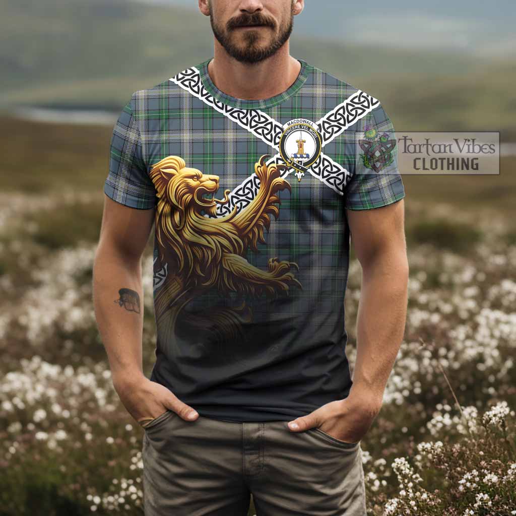 Tartan Vibes Clothing MacDowall (McDowall) Crest Tartan T-Shirt with Golden Lion Emblem Celtic Style