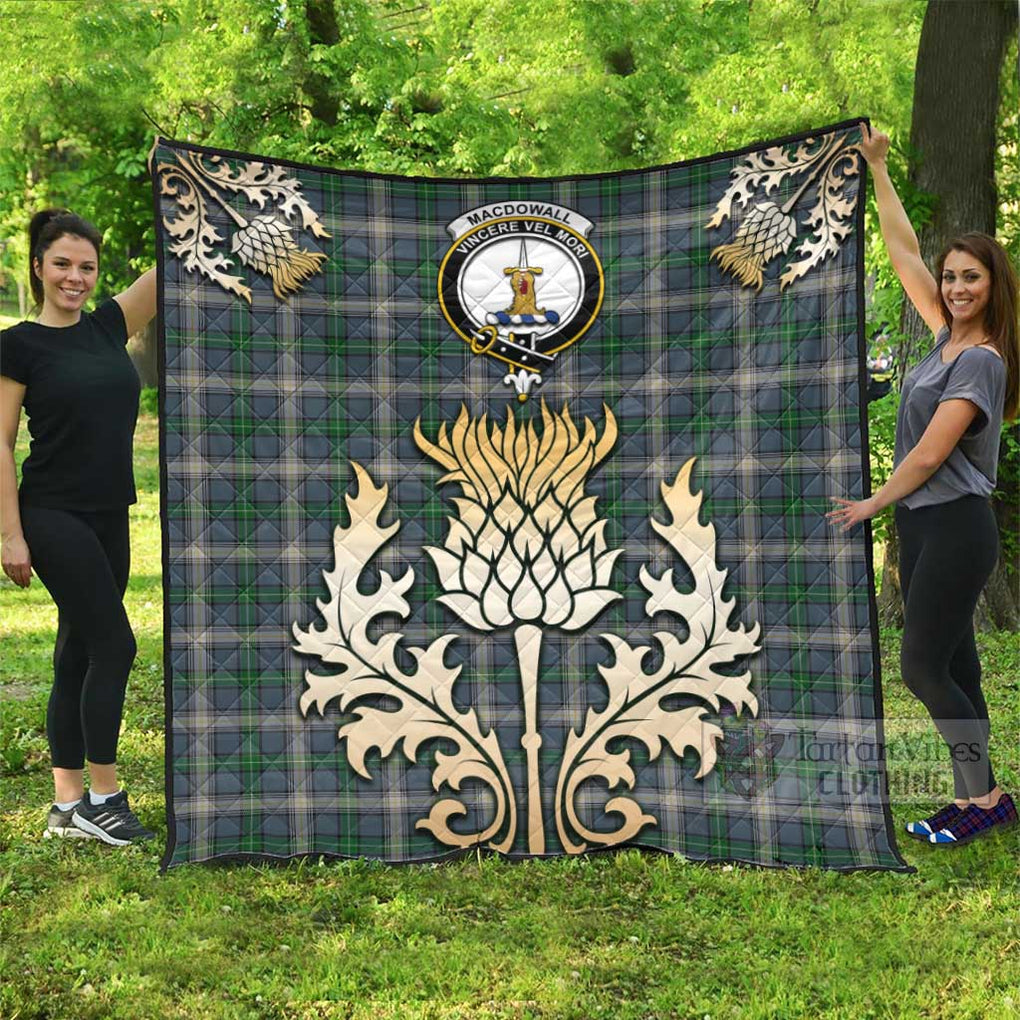 Tartan Vibes Clothing MacDowall (McDowall) Tartan Quilt with Family Crest and Golden Thistle Style