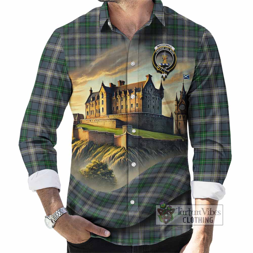 Tartan Vibes Clothing MacDowall (McDowall) Tartan Family Crest Long Sleeve Button Shirt with Scottish Ancient Castle Style