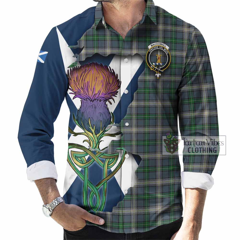 Tartan Vibes Clothing MacDowall (McDowall) Tartan Family Crest Long Sleeve Button Shirt Scottish Thistle Celtic Inspired