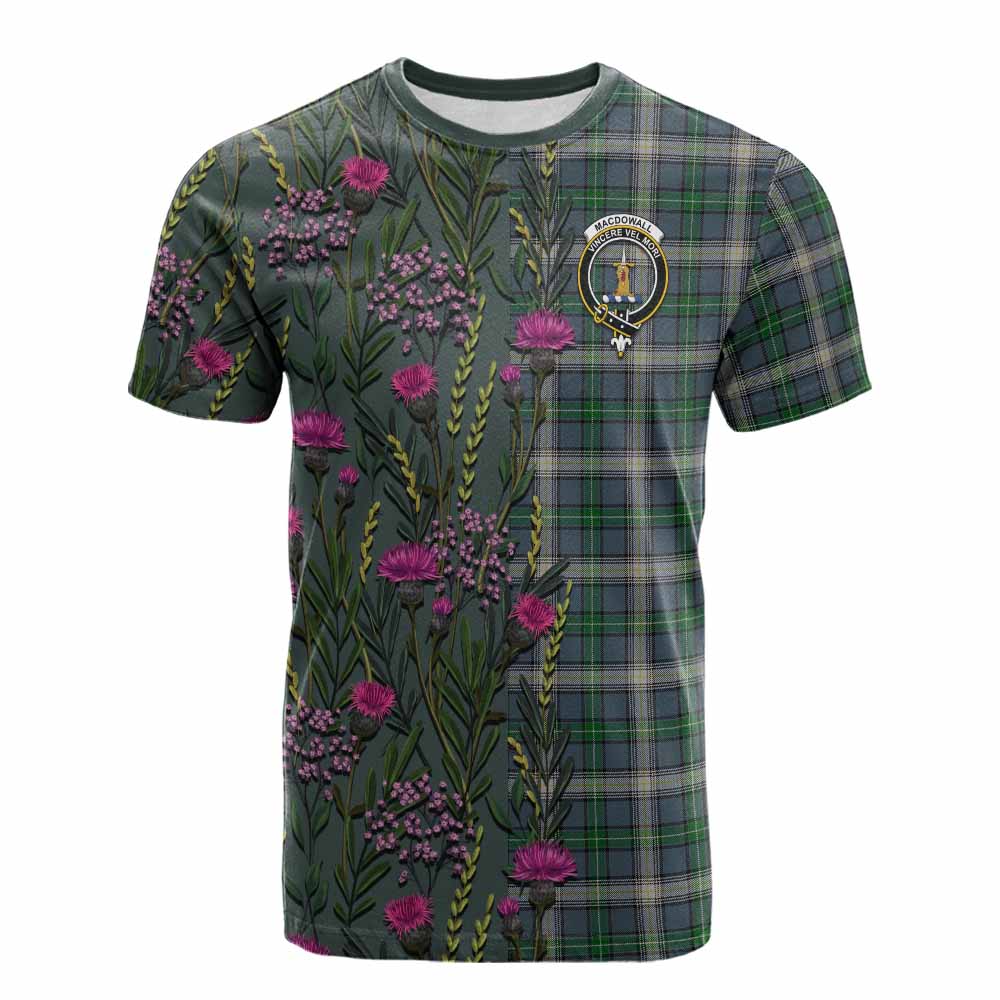 MacDowall (McDowall) Family Crest Tartan Cotton T-shirt Scottish Thistle Flower Pattern Half Style - Tartan Vibes Clothing