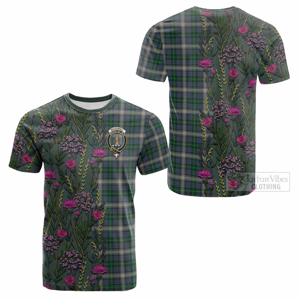 MacDowall (McDowall) Family Crest Tartan Cotton T-shirt Scottish Thistle Flower Pattern Half Style - Tartan Vibes Clothing